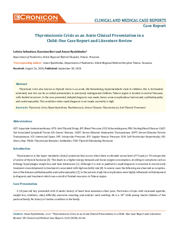 Pdf Thyrotoxicosis Crisis As An Acute Clinical Presentation In Achild