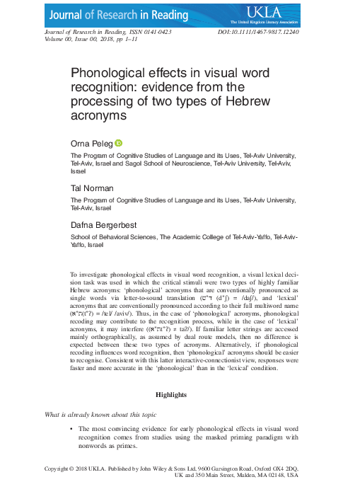(PDF) Phonological effects in visual word recognition: evidence from ...