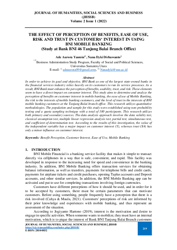 (PDF) The Effect of Perception of Benefits, Ease of Use, Risk and Trust ...