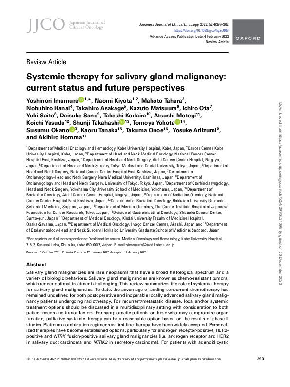 (PDF) Systemic therapy for salivary gland malignancy: current status ...
