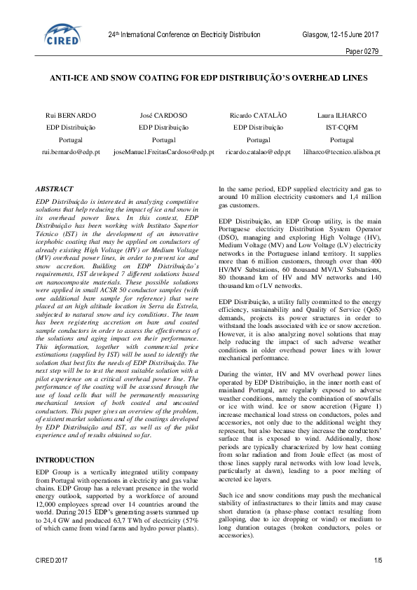 (PDF) Anti-ice and snow coating for EDP Distribuição's overhead lines