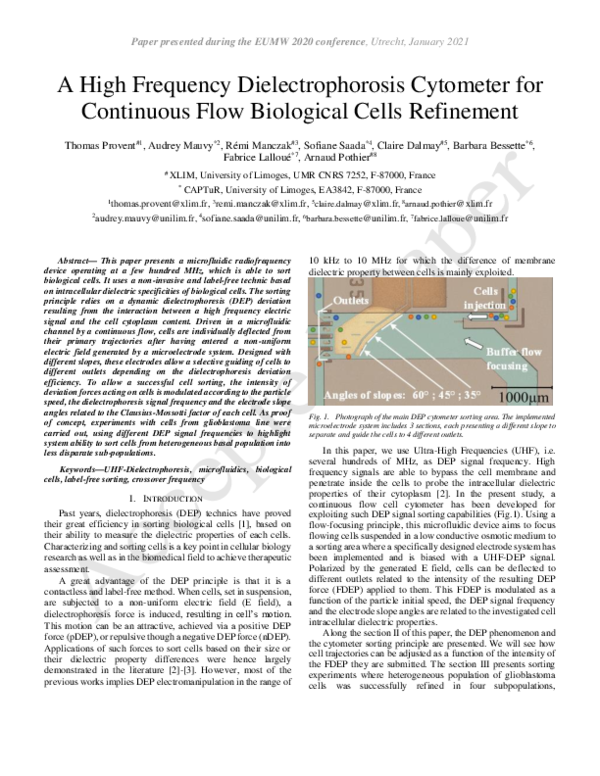 (PDF) A High Frequency Dielectrophoresis Cytometer for Continuous Flow ...