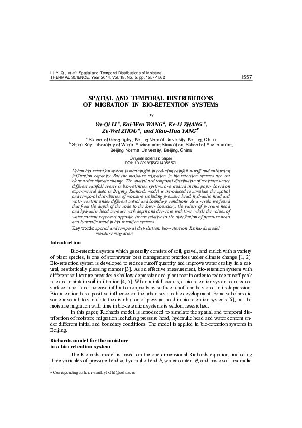 (PDF) Spatial and temporal distributions of migration in bio-retention ...