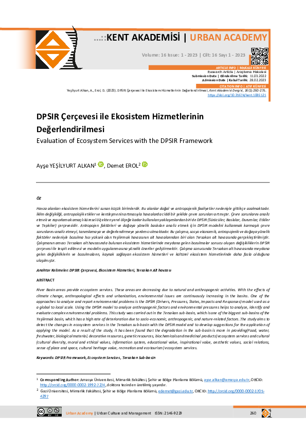 (PDF) DSPIR Çerçevesi ile Ekosistem Hizmetlerinin Değerlendirilmesi