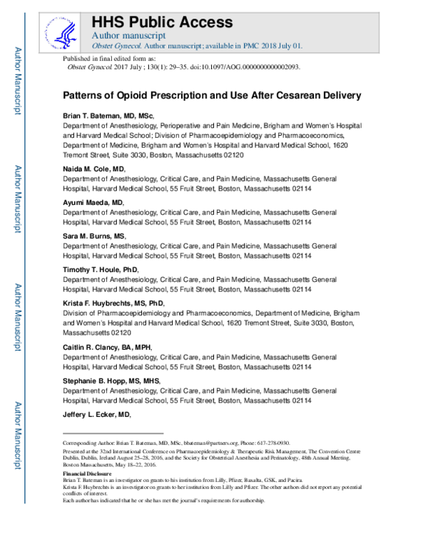 (PDF) Patterns of Opioid Prescription and Use After Cesarean Delivery