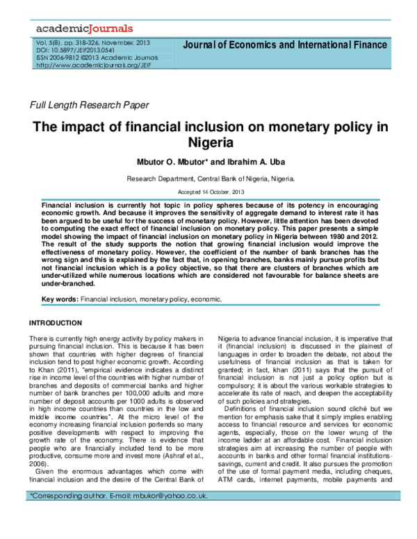 (PDF) The impact of financial inclusion on monetary policy in Nigeria