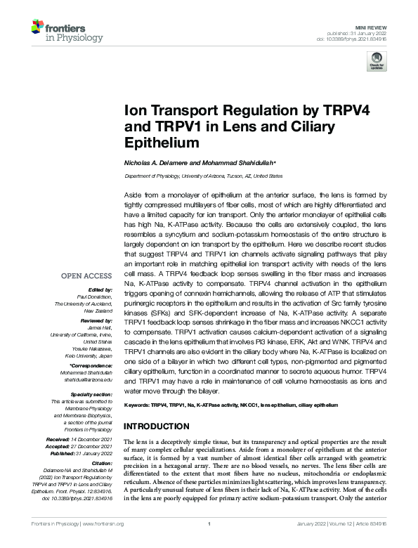 (PDF) Ion Transport Regulation by TRPV4 and TRPV1 in Lens and Ciliary ...