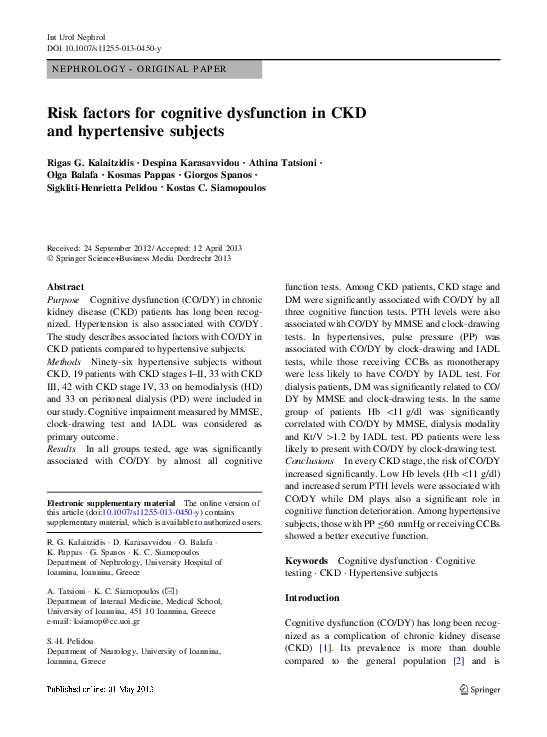 (PDF) Risk factors for cognitive dysfunction in CKD and hypertensive ...