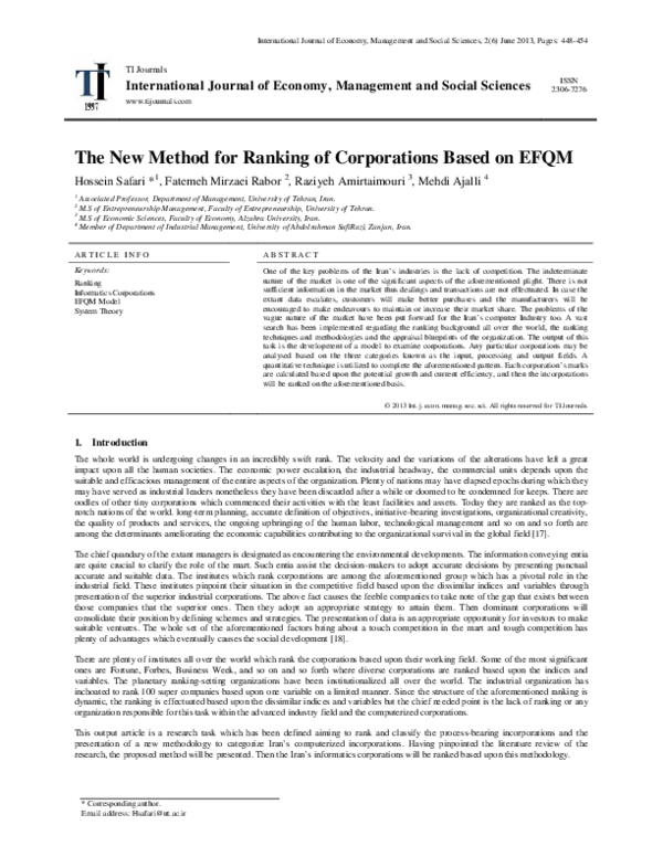 (PDF) The New Method for Ranking of Corporations Based on EFQM