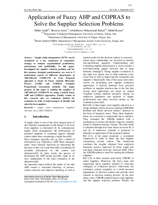 (PDF) Application of Fuzzy AHP and COPRAS to Solve the Supplier ...