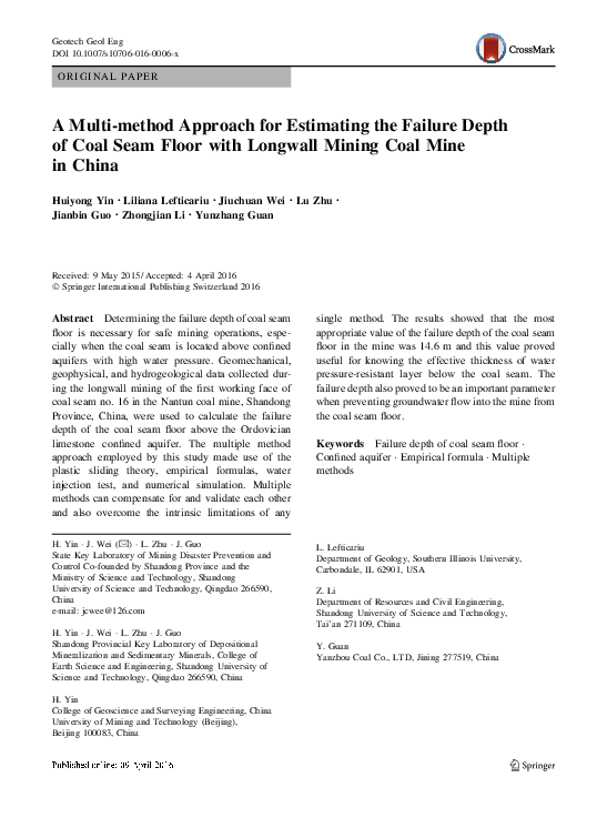 (PDF) A Multi-method Approach for Estimating the Failure Depth of Coal ...