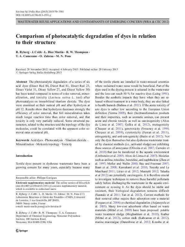 (PDF) Comparison of photocatalytic degradation of dyes in relation to ...