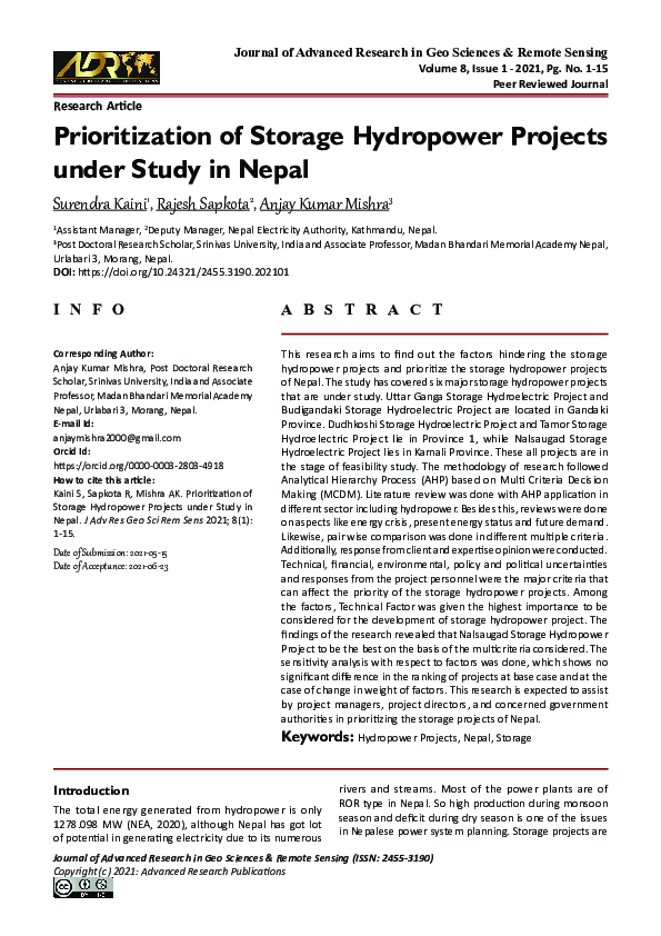 (PDF) Prioritization of Storage Hydropower Projects under Study in Nepal