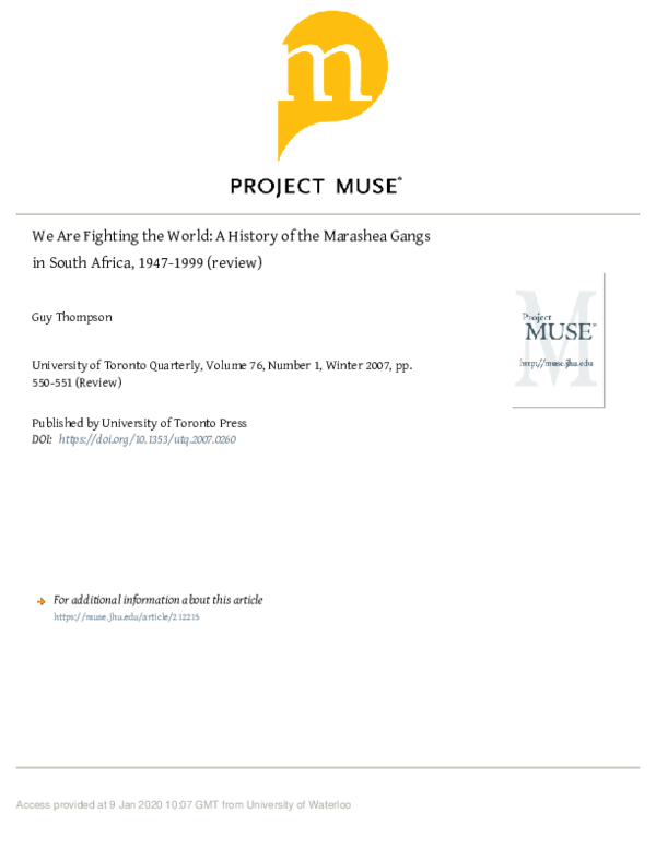 (PDF) We are Fighting the World : A History of the Marashea Gangs in ...