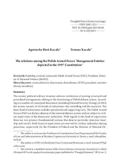 The relations among the Polish Armed Forces’ Management Entities depicted in the 1997 Constitution