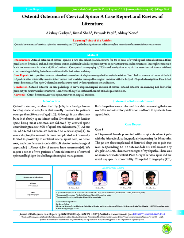 (PDF) Osteoid Osteoma of Cervical Spine: A Case Report and Review of ...