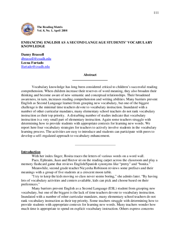 (PDF) Enhancing English as a Second Language Students' Vocabulary Knowledge
