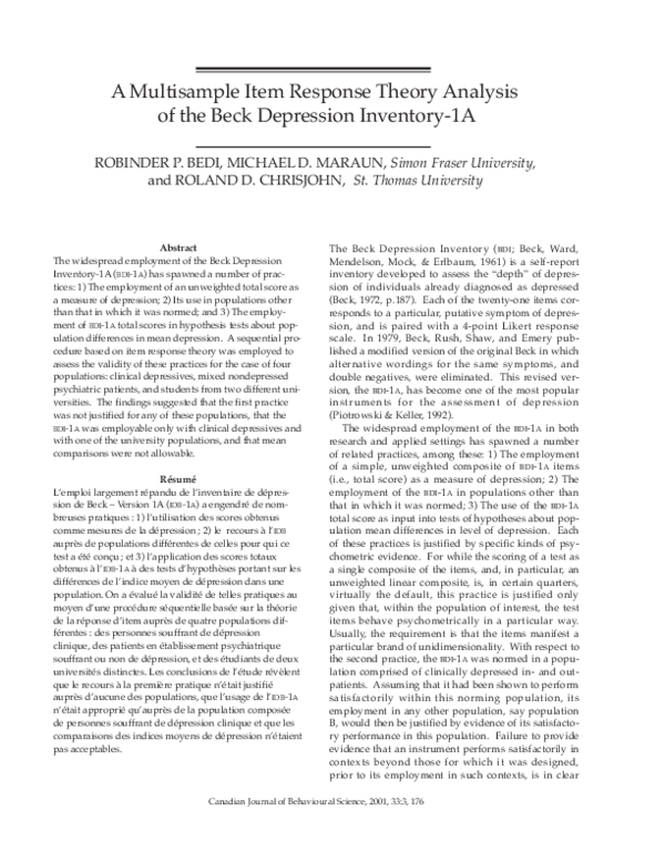 (PDF) A multisample item response theory analysis of the Beck ...