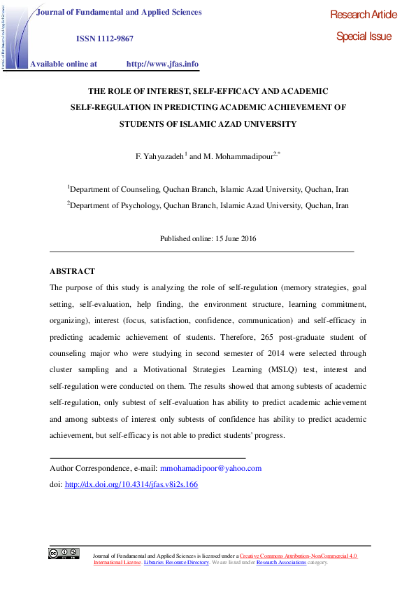 (PDF) The role of interest, self-efficacy and academic self-regulation ...