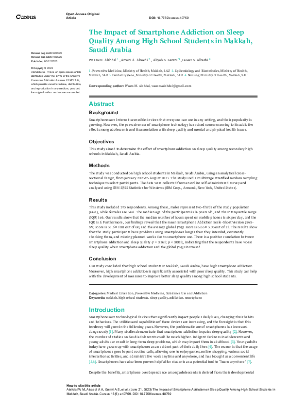 (PDF) The Impact of Smartphone Addiction on Sleep Quality Among High ...
