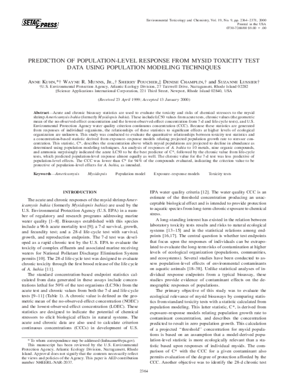 (PDF) Prediction of population-level response from mysid toxicity test ...