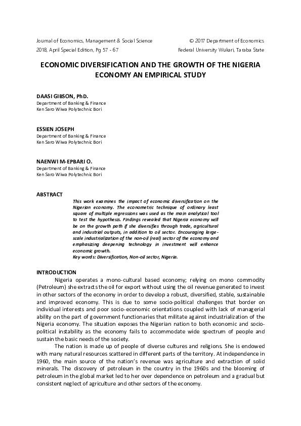 (PDF) ECONOMIC DIVERSIFICATION AND THE GROWTH OF THE NIGERIA ECONOMY AN ...