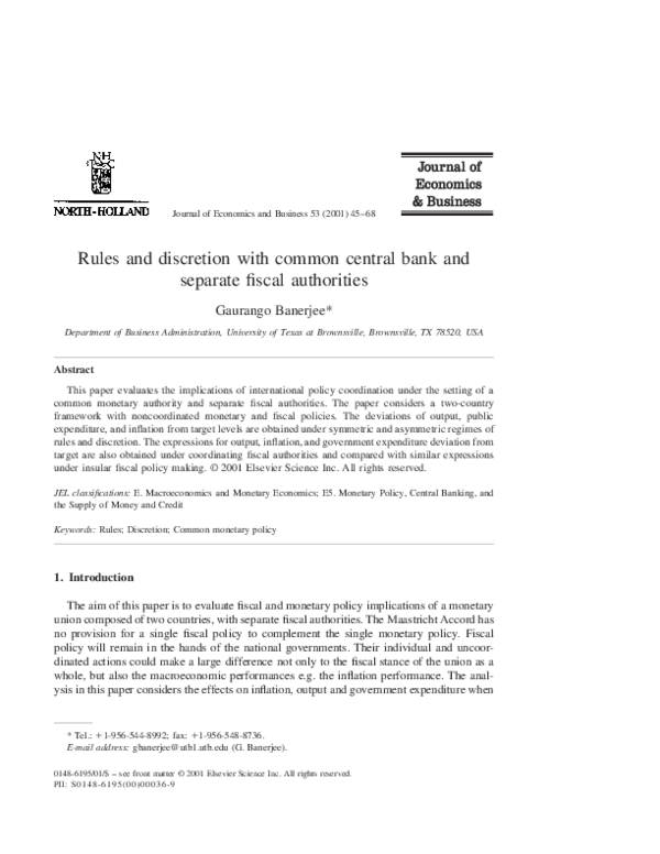 (PDF) Rules and discretion with common central bank and separate fiscal ...