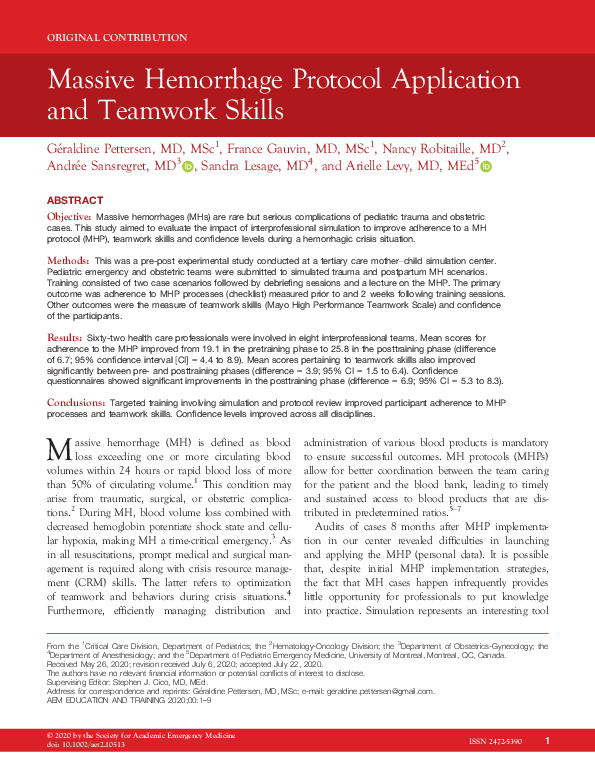 (PDF) Massive Hemorrhage Protocol Application and Teamwork Skills