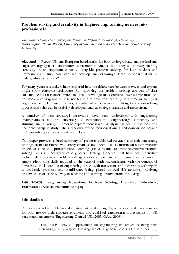 (PDF) Problem solving and creativity in Engineering: turning novices ...