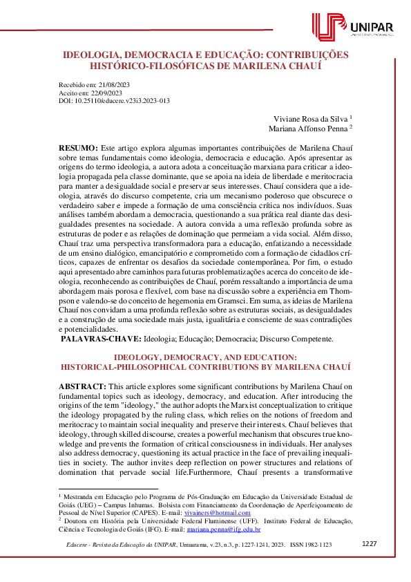 Ideologia, Democracia e Educação: Contribuições Histórico-Filosóficas De Marilena Chauí