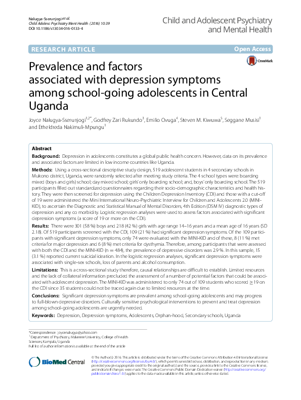 (PDF) Prevalence and factors associated with depression symptoms among ...