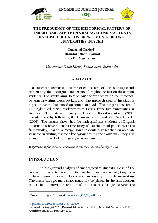 (PDF) The frequency of the rhetorical pattern of undergraduate thesis ...