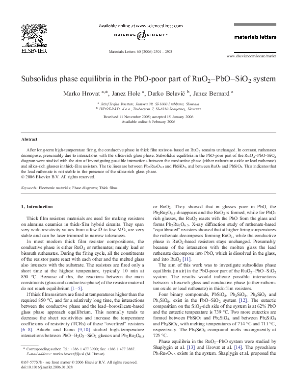 (PDF) Subsolidus phase equilibria in the PbO-poor part of RuO2–PbO–SiO2 ...