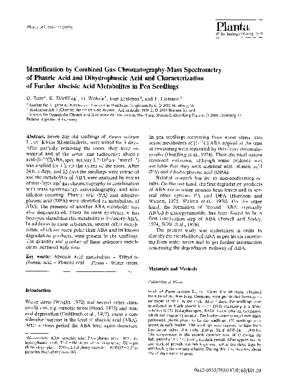 Identification by combined gas chromatography-mass spectrometry of phaseic acid and dihydrophaseic acid and characterization of further abscisic acid metabolites in pea seedlings