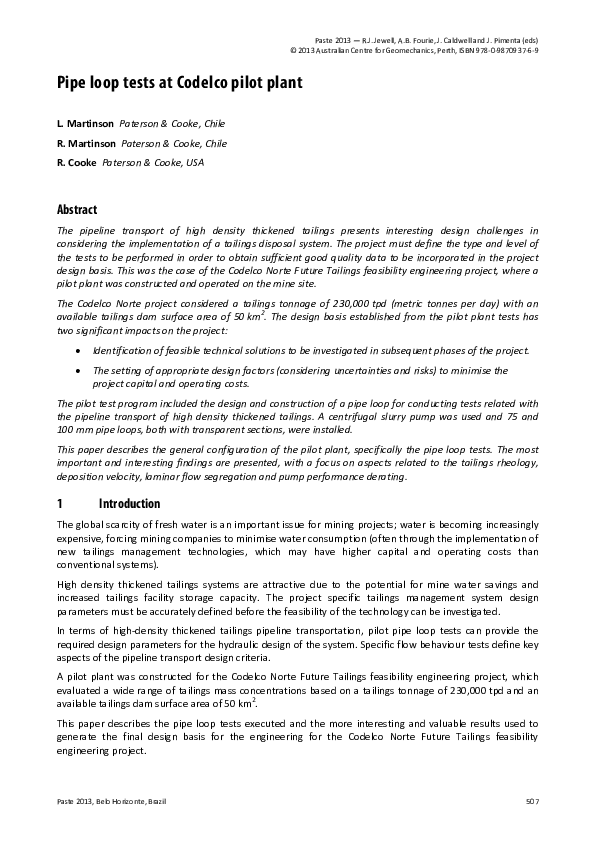 (PDF) Pipe loop tests at Codelco pilot plant