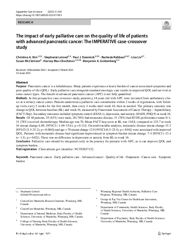 (PDF) The impact of early palliative care on the quality of life of ...