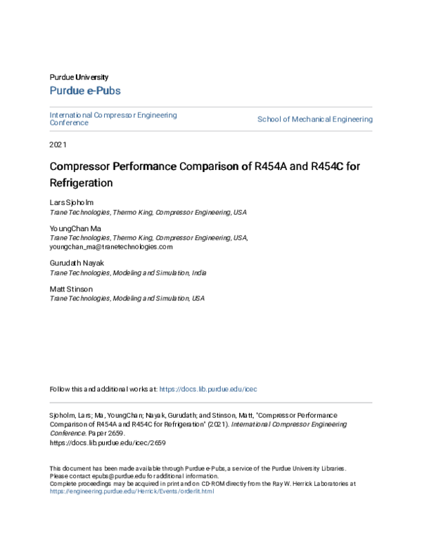 (PDF) Compressor Performance Comparison of R454A and R454C for ...