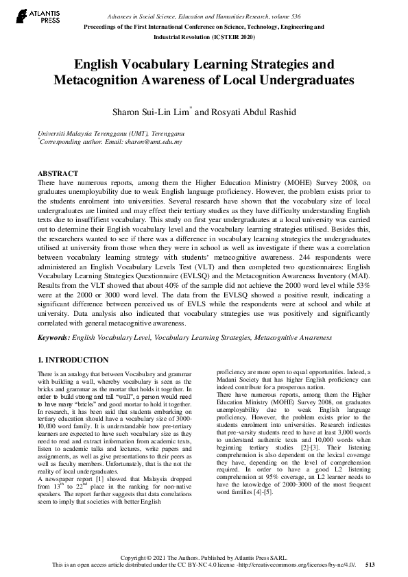 (PDF) English Vocabulary Learning Strategies and Metacognition ...