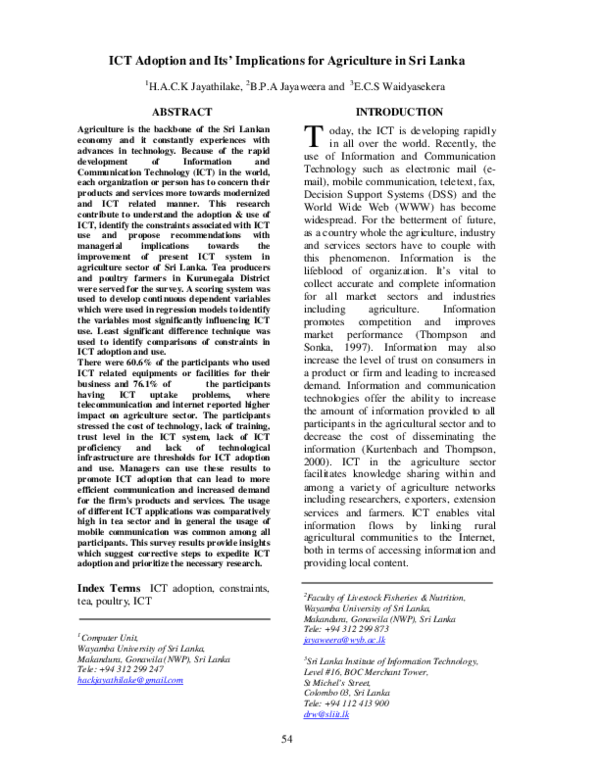 (PDF) ICT Adoption and Its’ Implications for Agriculture in Sri Lanka