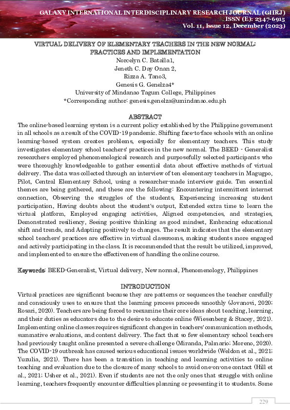 (PDF) VIRTUAL DELIVERY OF ELEMENTARY TEACHERS IN THE NEW NORMAL ...