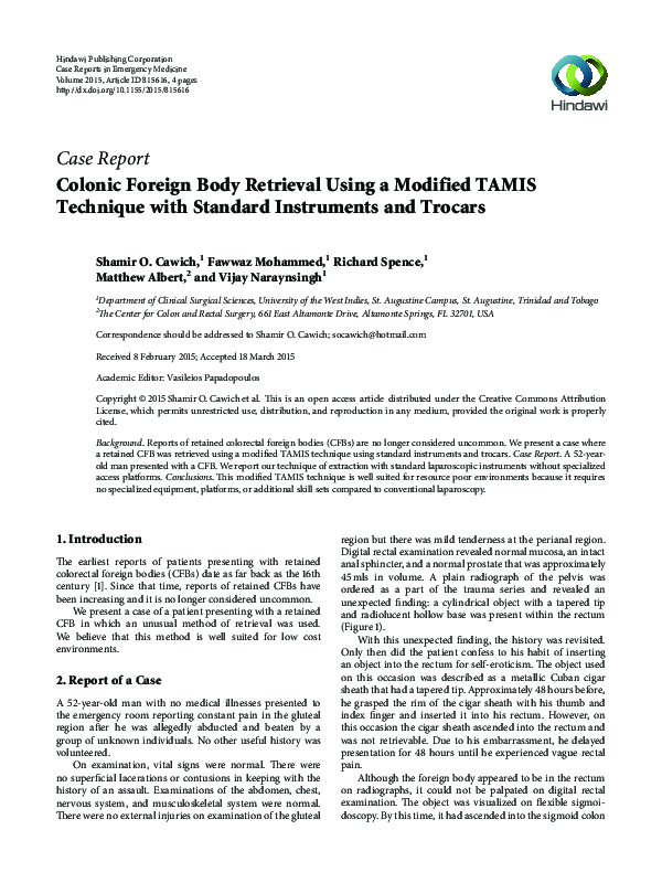 (PDF) Colonic Foreign Body Retrieval Using a Modified TAMIS Technique ...