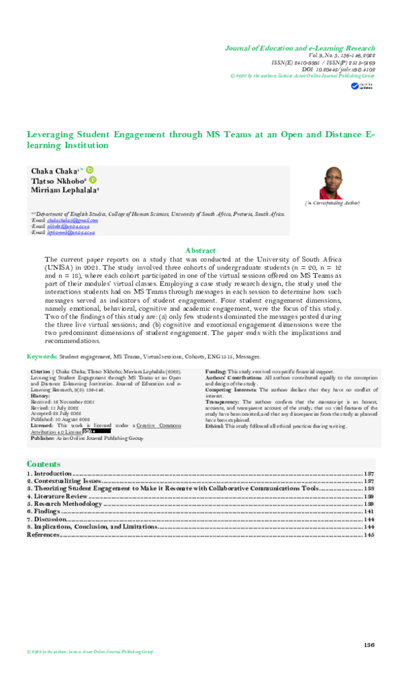 (PDF) Leveraging Student Engagement through MS Teams at an Open and ...