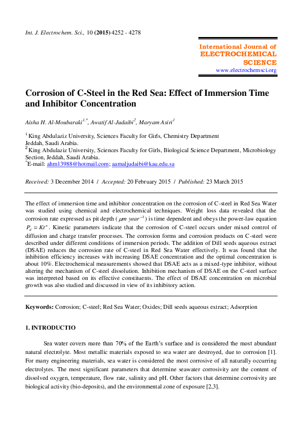 (PDF) Corrosion of C-Steel in the Red Sea: Effect of Immersion Time and ...