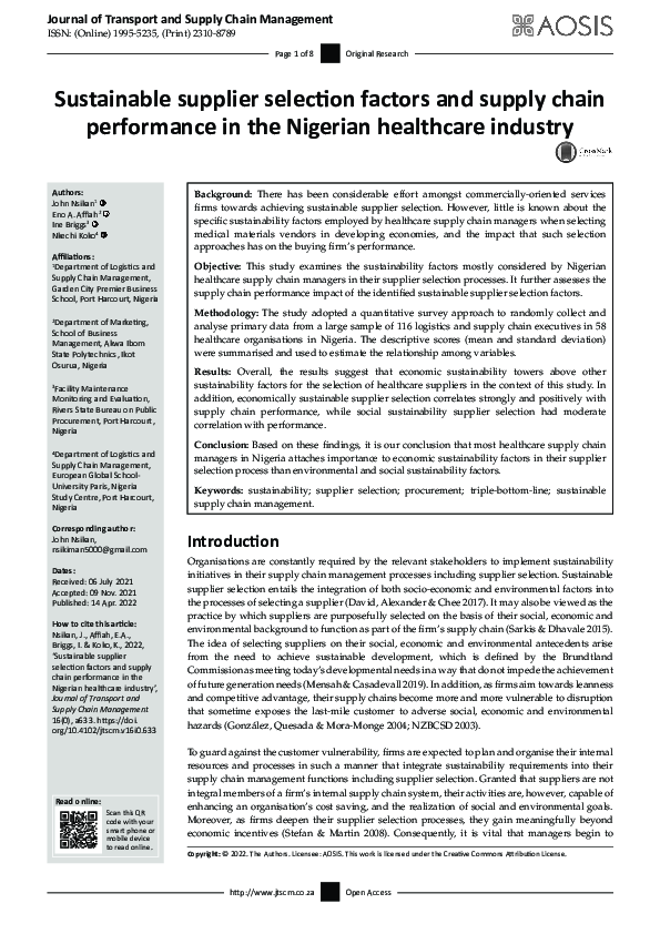 (PDF) Sustainable supplier selection factors and supply chain ...