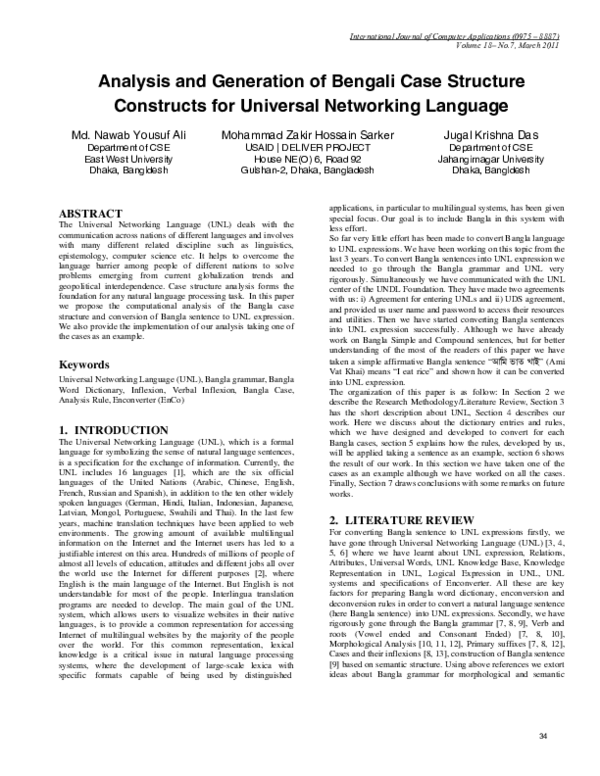 (PDF) Analysis and Generation of Bengali Case Structure Constructs for ...