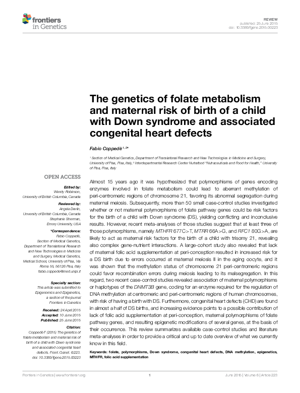 (PDF) The genetics of folate metabolism and maternal risk of birth of a ...