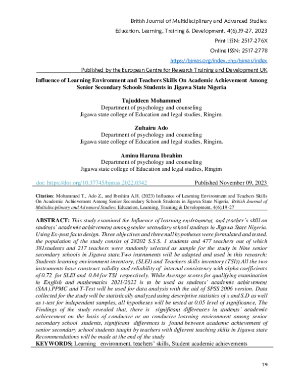 (PDF) Influence of Learning Environment and Teachers Skills On Academic ...