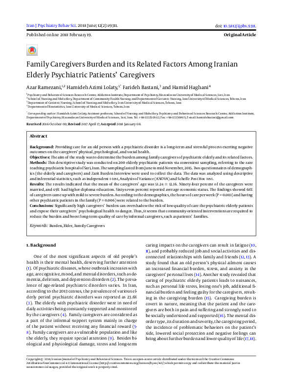 (PDF) Family Caregivers Burden and its Related Factors Among Iranian ...