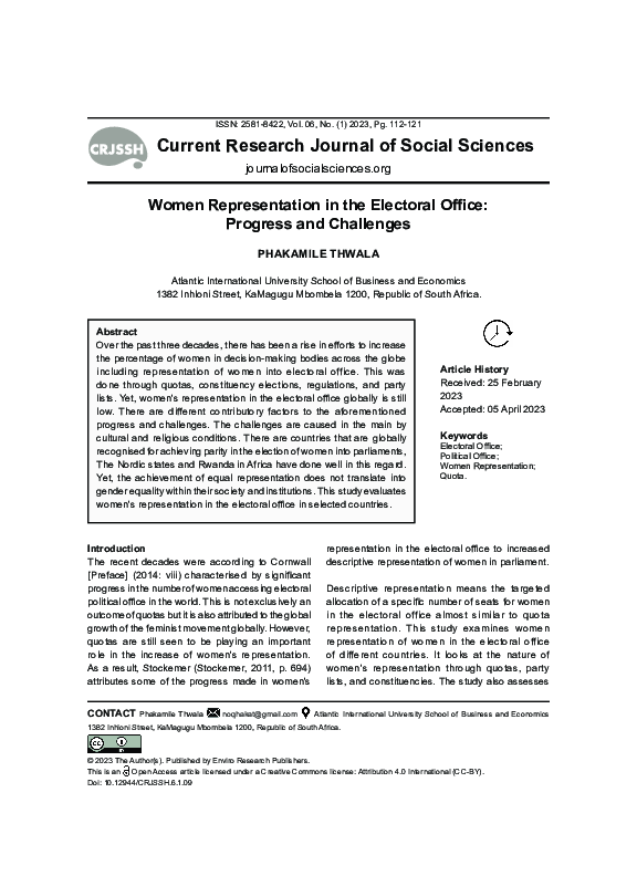 (PDF) Women Representation in the Electoral Office: Progress and Challenges