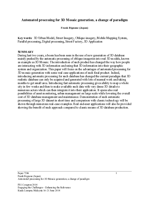 (PDF) Automated processing for 3D Mosaic generation, a change of paradigm